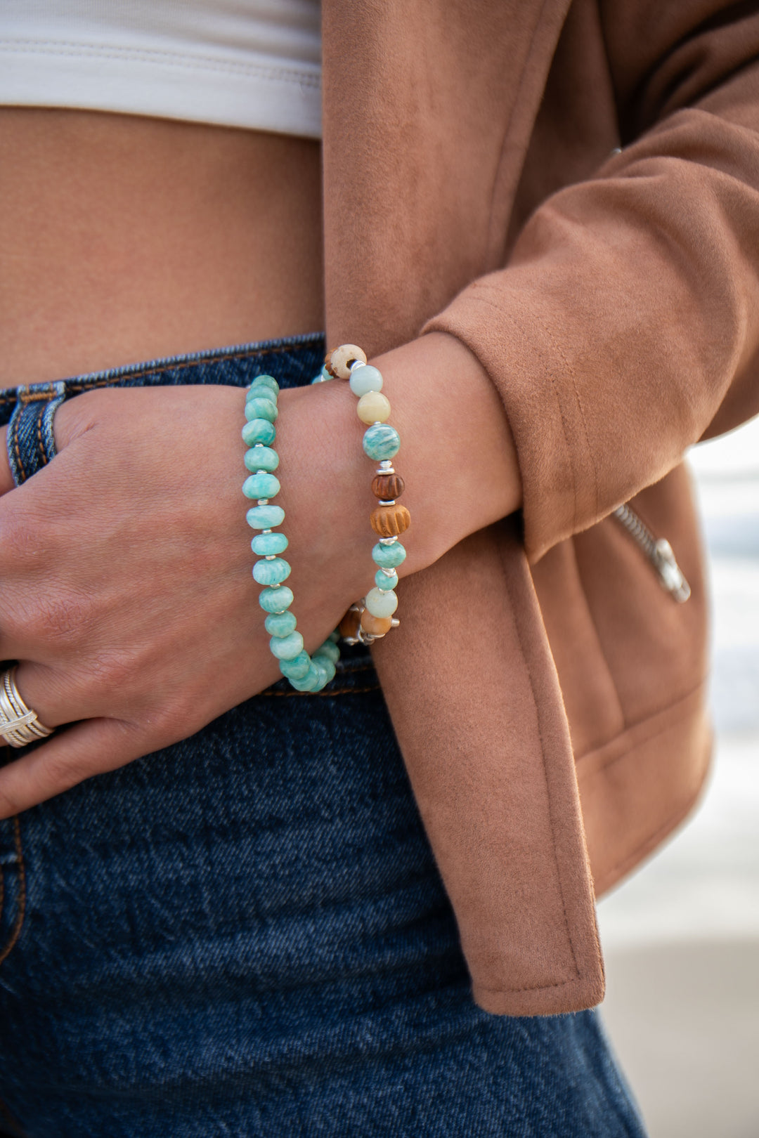 Reserved for Somer **Amazonite + Carved Sandalwood Mala Bracelet with Thai Hill Tribe Silver