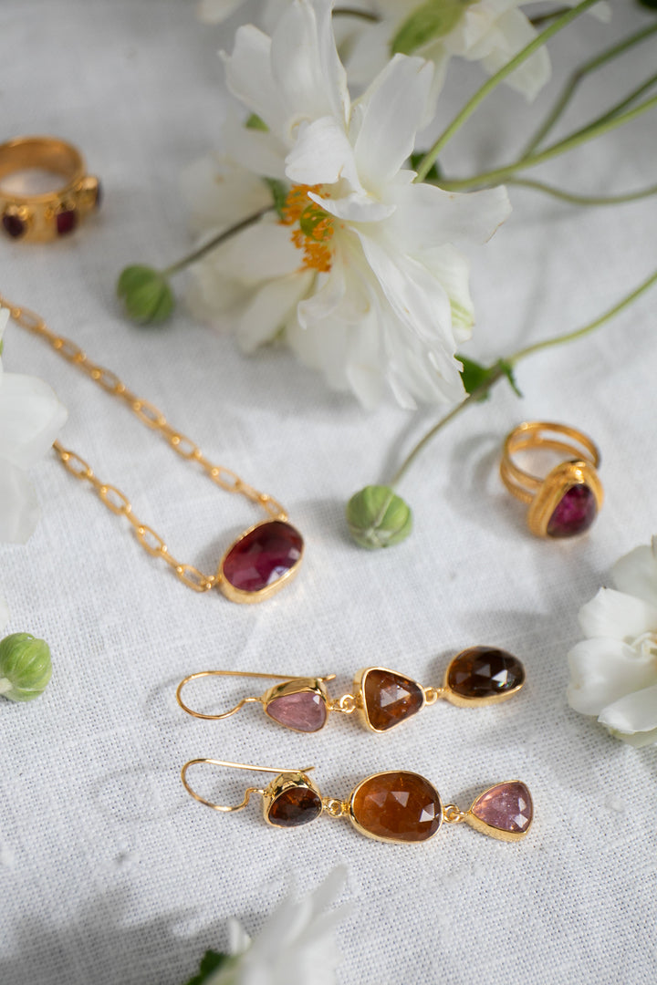 Triple Drop Tourmaline Earrings in 24k Gold Plated Silver