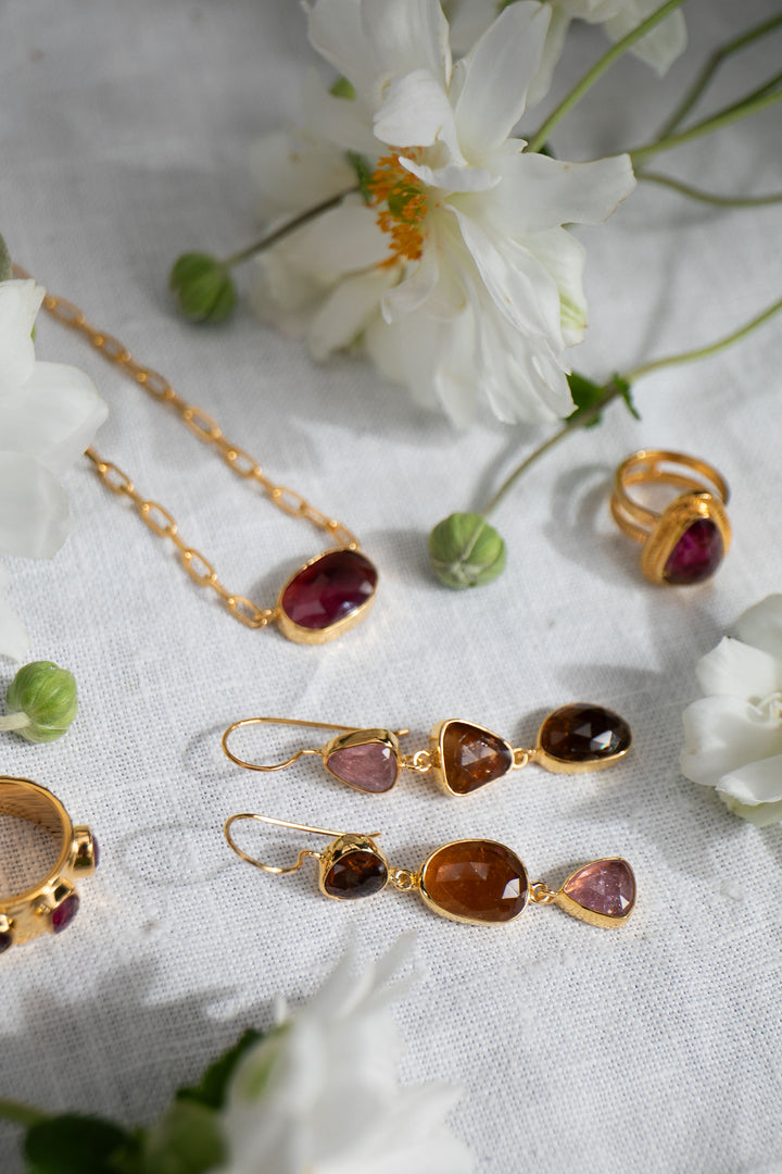 Triple Drop Tourmaline Earrings in 24k Gold Plated Silver