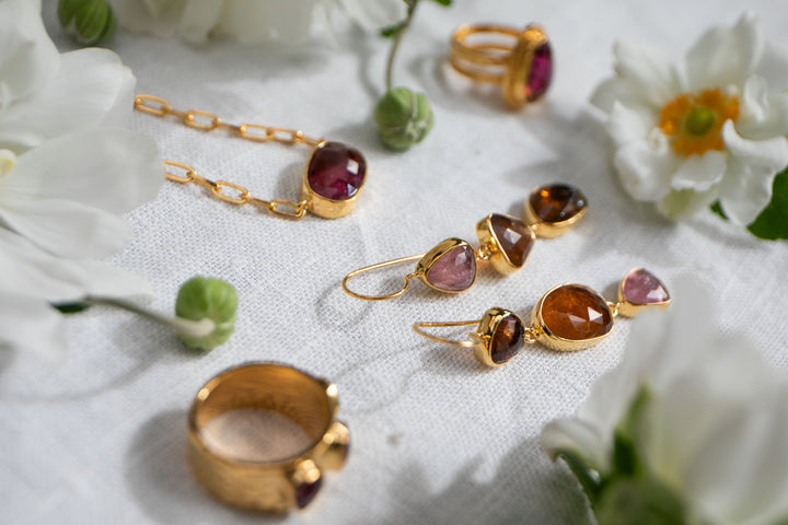 Triple Drop Tourmaline Earrings in 24k Gold Plated Silver