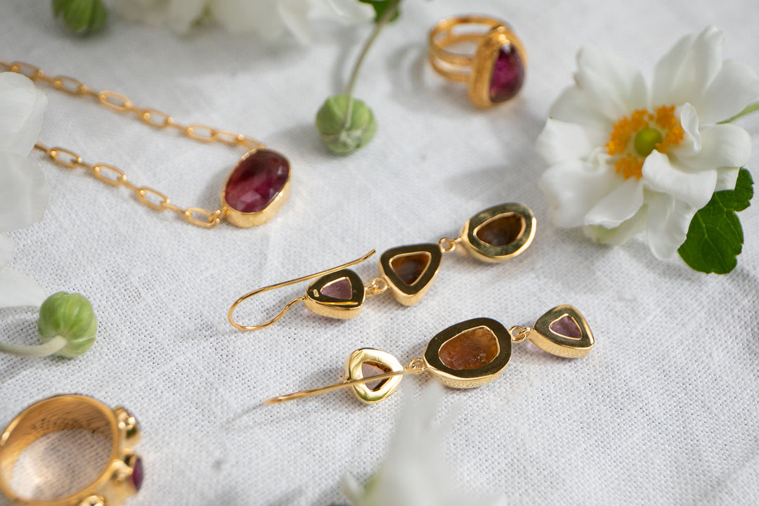 Triple Drop Tourmaline Earrings in 24k Gold Plated Silver