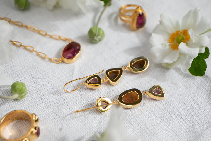 Triple Drop Tourmaline Earrings in 24k Gold Plated Silver
