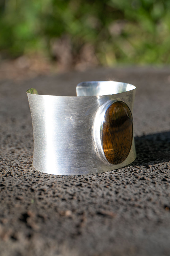 Statement Tigers Eye Bangle in Brushed Sterling Silver
