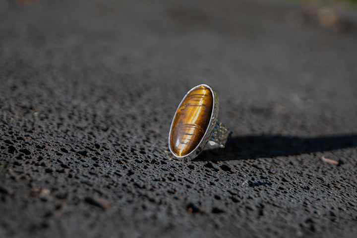 Tigers Eye Ring in Beaten Sterling Silver - Adjustable Band
