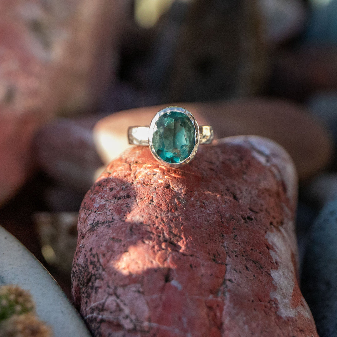 Reserved for Christina *** Teal Fluorite Ring in Beaten Sterling Silver - Size 6 US
