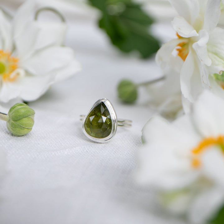 High Quality Rose Cut Green Tourmaline Ring set in Sterling Silver - Size 7.5 US