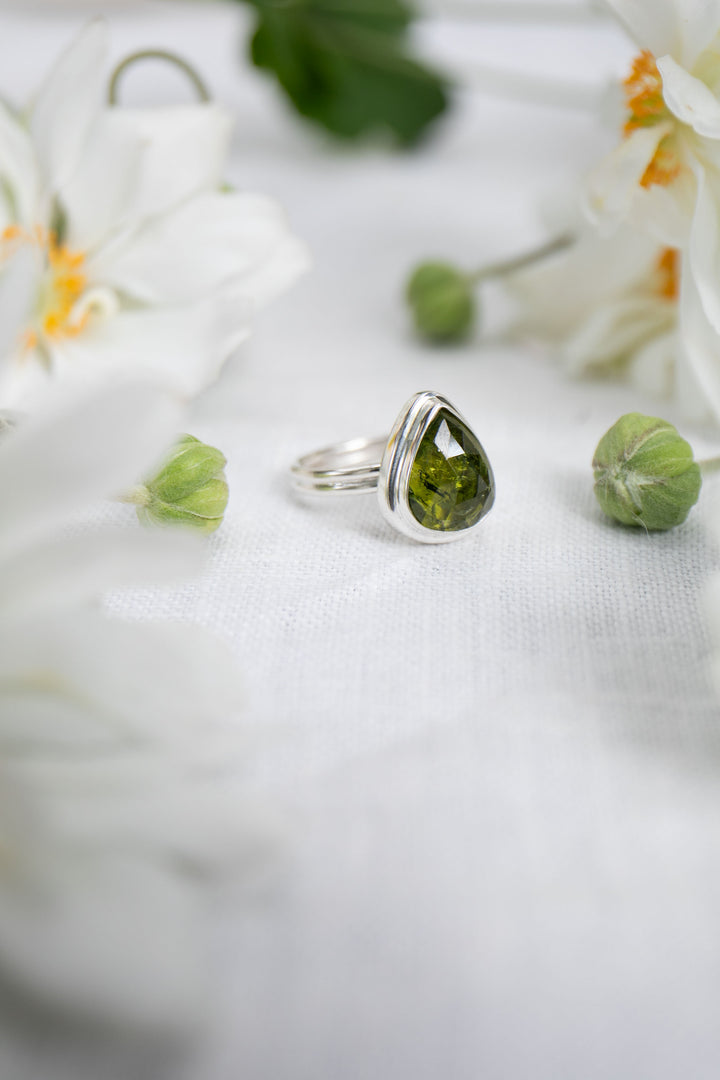 High Quality Rose Cut Green Tourmaline Ring set in Sterling Silver - Size 7.5 US