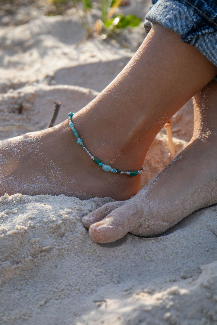 Beaded Larimar, Turquoise and Chrysocolla Anklet with Thai Hill Tribe Silver Beads