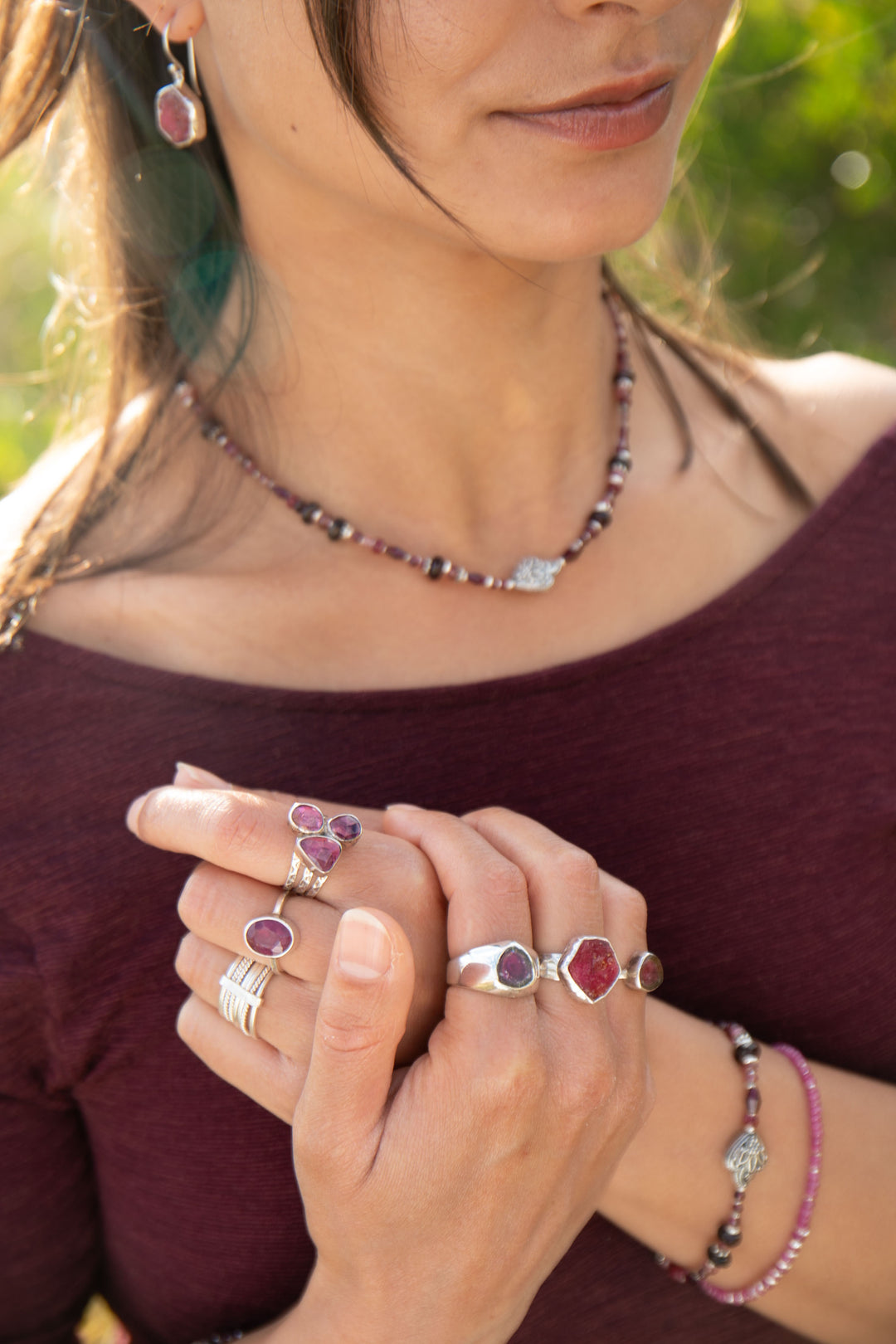 Raw Ruby Ring in Beaten Sterling Silver Setting - Adjustable Ring