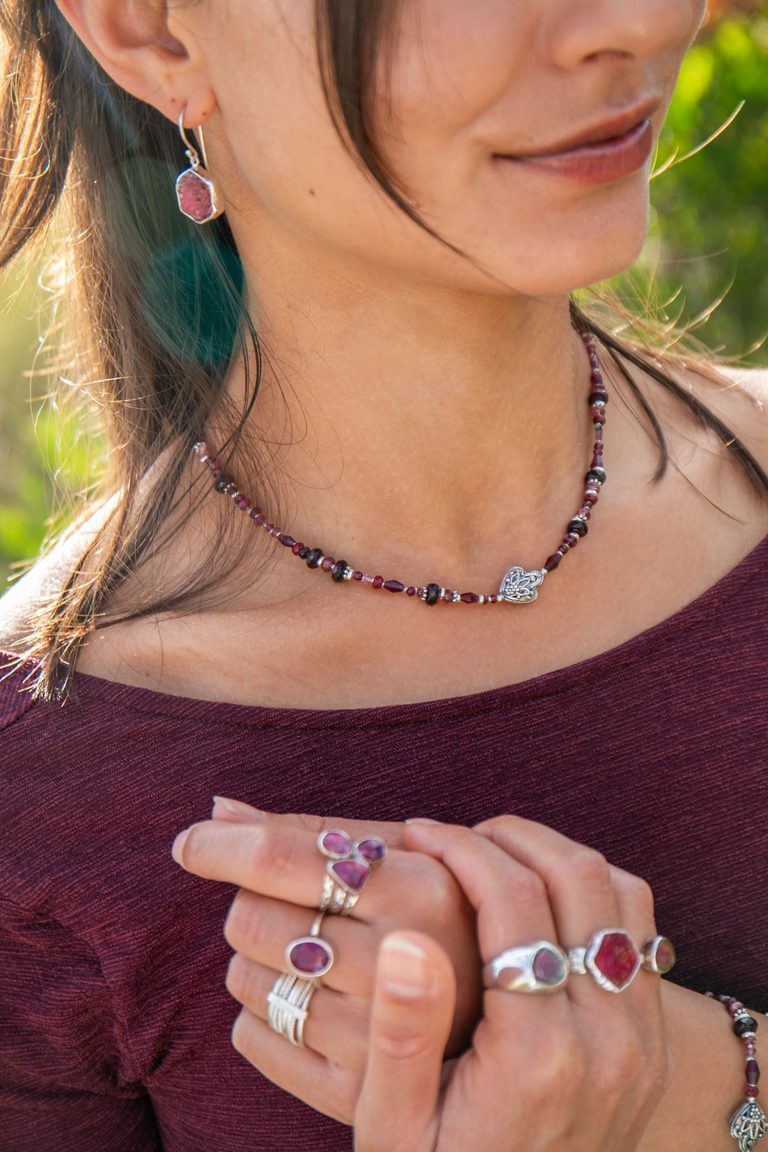 Raw Ruby Earrings in Beaten Sterling Silver