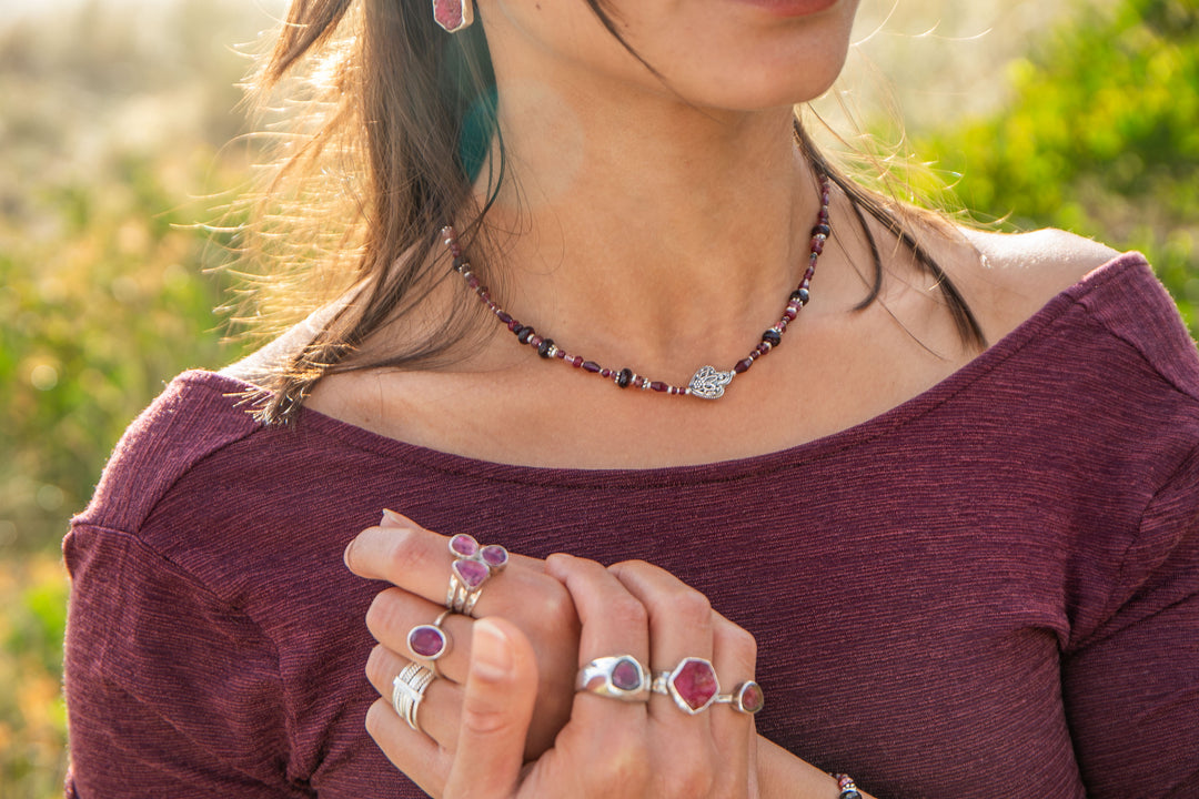 Garnet, Ruby and Pink Tourmaline Necklace with Hill Tribe Silver