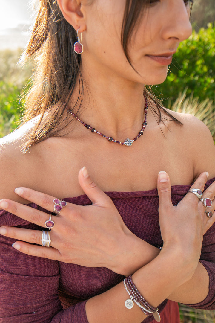 Garnet, Ruby and Pink Tourmaline Necklace with Hill Tribe Silver