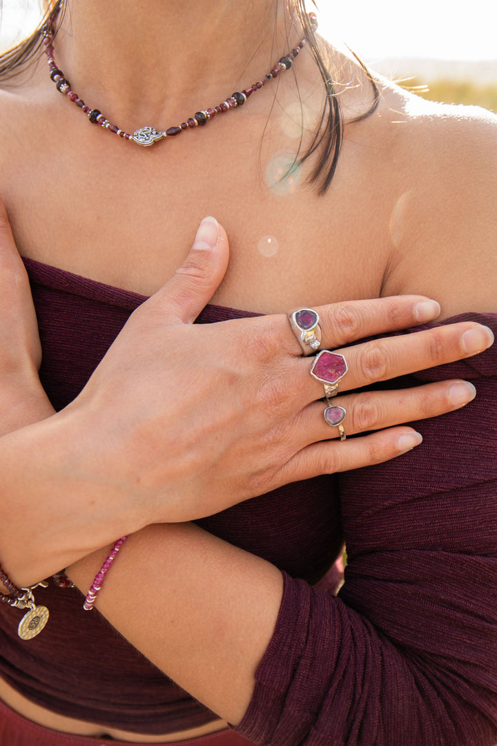 Raw Ruby Ring in Beaten Sterling Silver Setting - Adjustable Ring