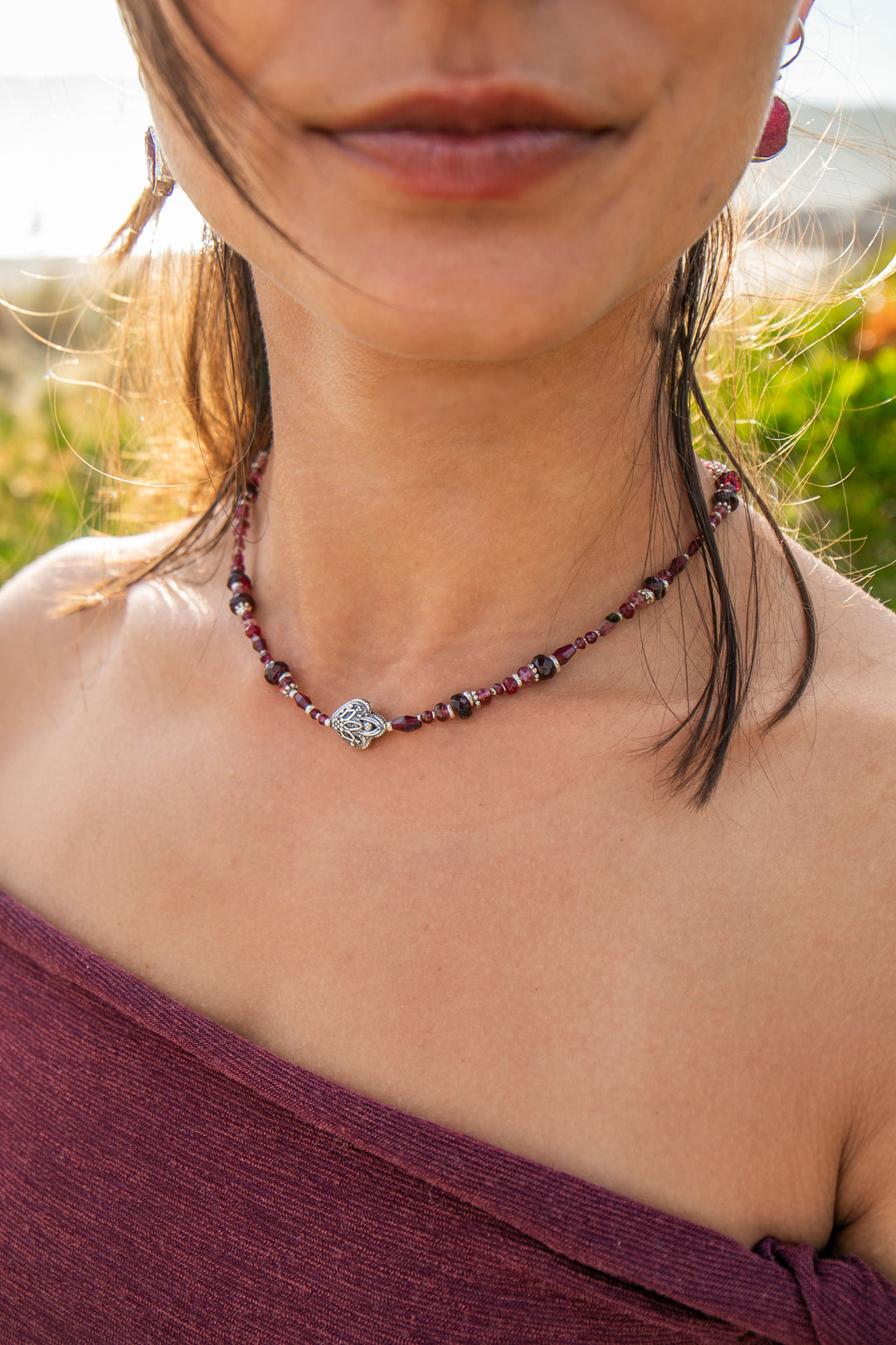 Garnet, Ruby and Pink Tourmaline Necklace with Hill Tribe Silver