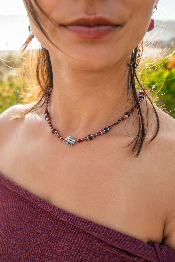 Garnet, Ruby and Pink Tourmaline Necklace with Hill Tribe Silver