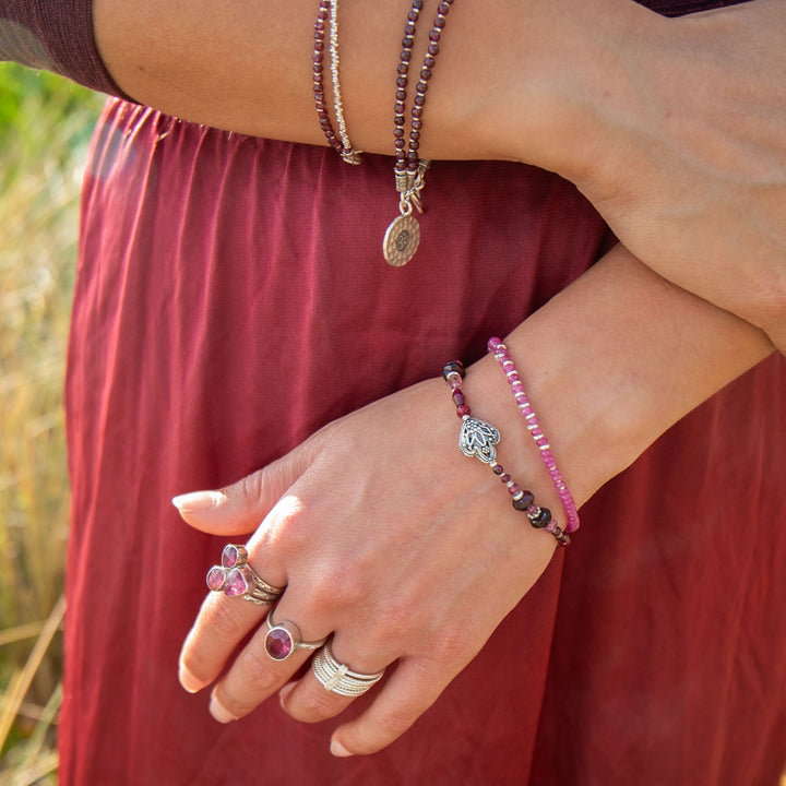 Ruby, Garnet and Pink Tourmaline Bracelet with Hill Tribe Silver