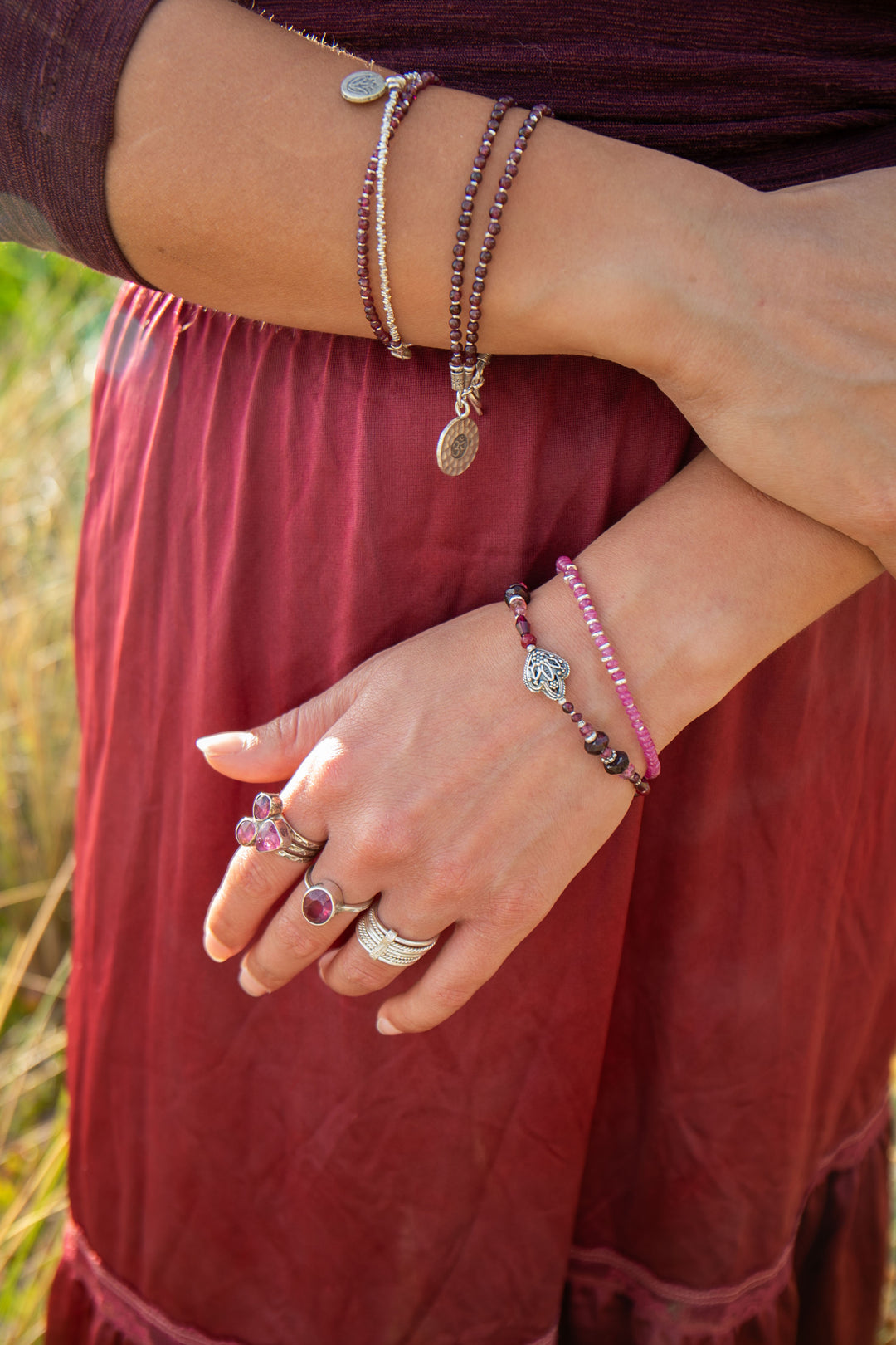 Ruby, Garnet and Pink Tourmaline Bracelet with Hill Tribe Silver