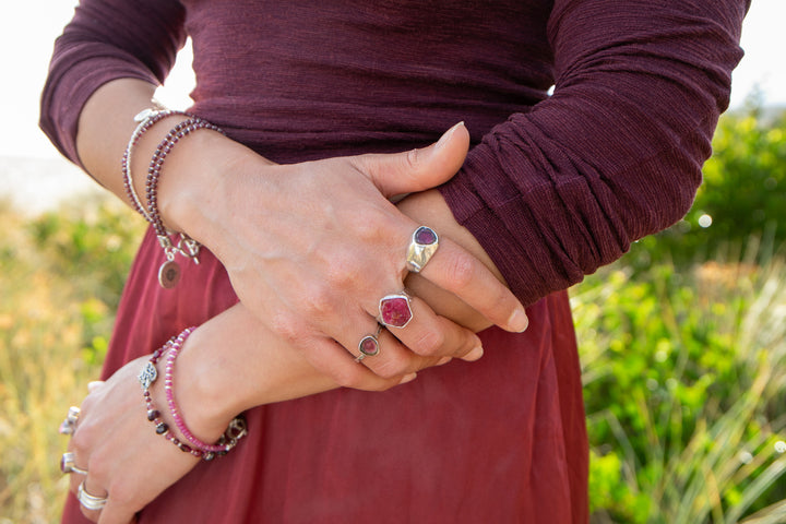 Raw Ruby Ring in Beaten Sterling Silver Setting - Adjustable Ring