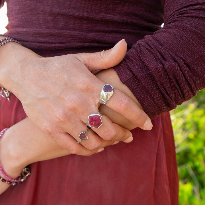 Raw Ruby Ring in Beaten Sterling Silver Setting - Adjustable Ring