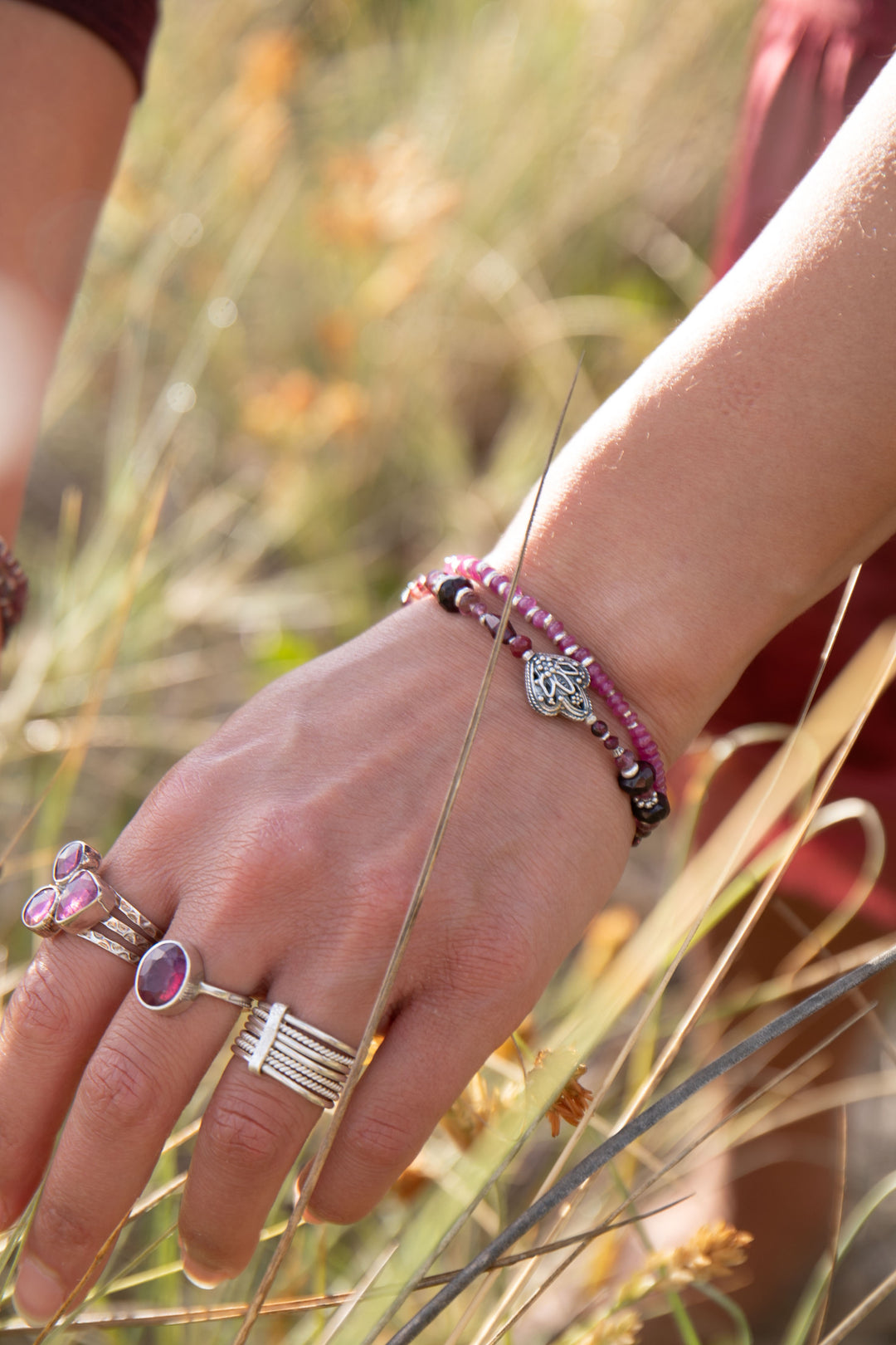 Ruby, Garnet and Pink Tourmaline Bracelet with Hill Tribe Silver
