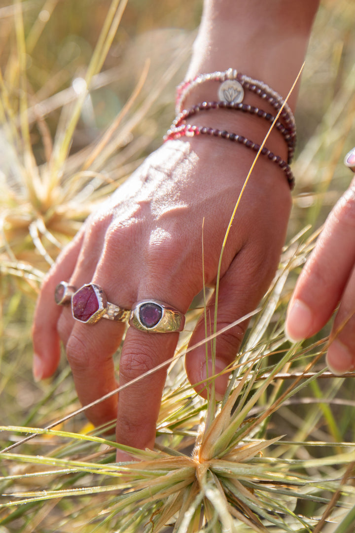 Raw Ruby Ring in Beaten Sterling Silver Setting - Adjustable Ring