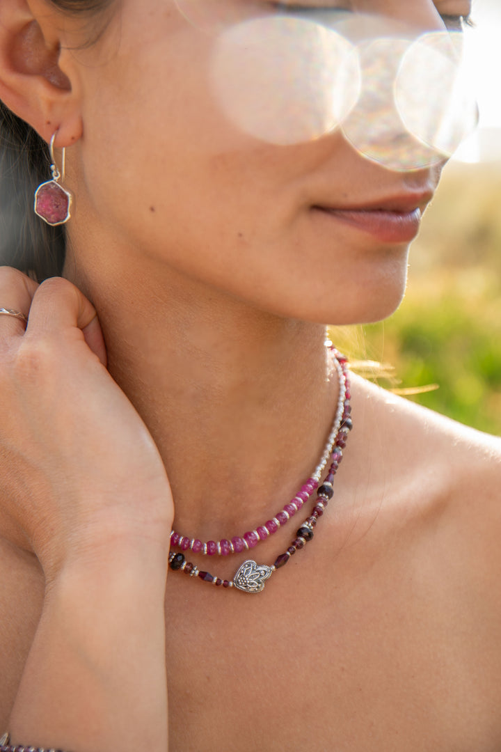 Garnet, Ruby and Pink Tourmaline Necklace with Hill Tribe Silver