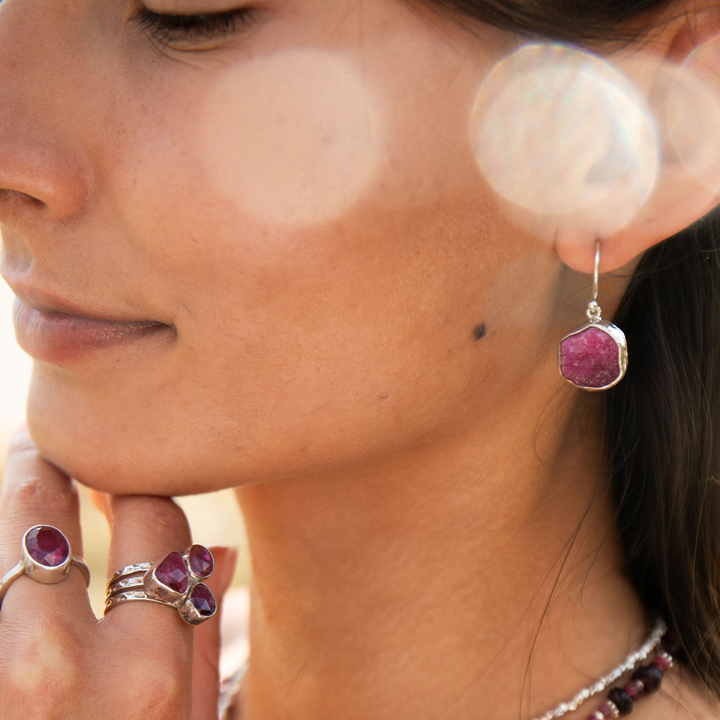 Raw Ruby Earrings in Beaten Sterling Silver