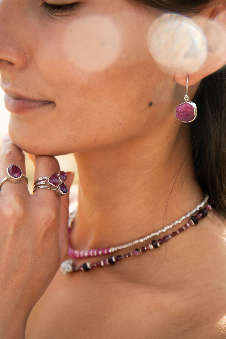 Raw Ruby Earrings in Beaten Sterling Silver