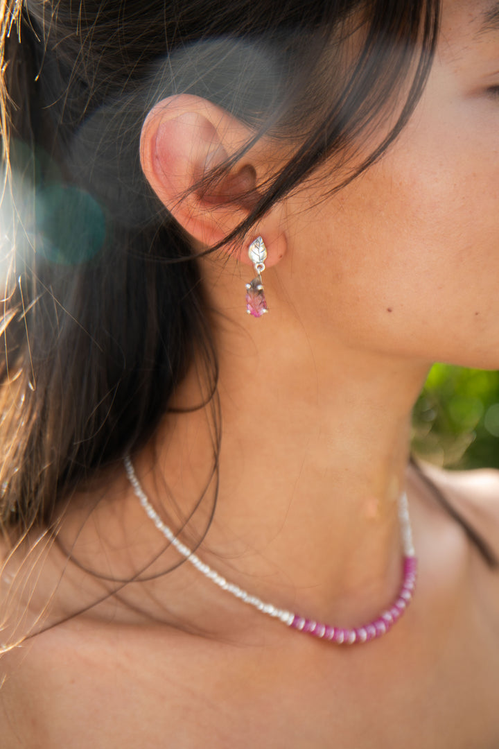 One of a Kind Leaf Carved Watermelon Tourmaline Stud Drop Earrings in Sterling Silver