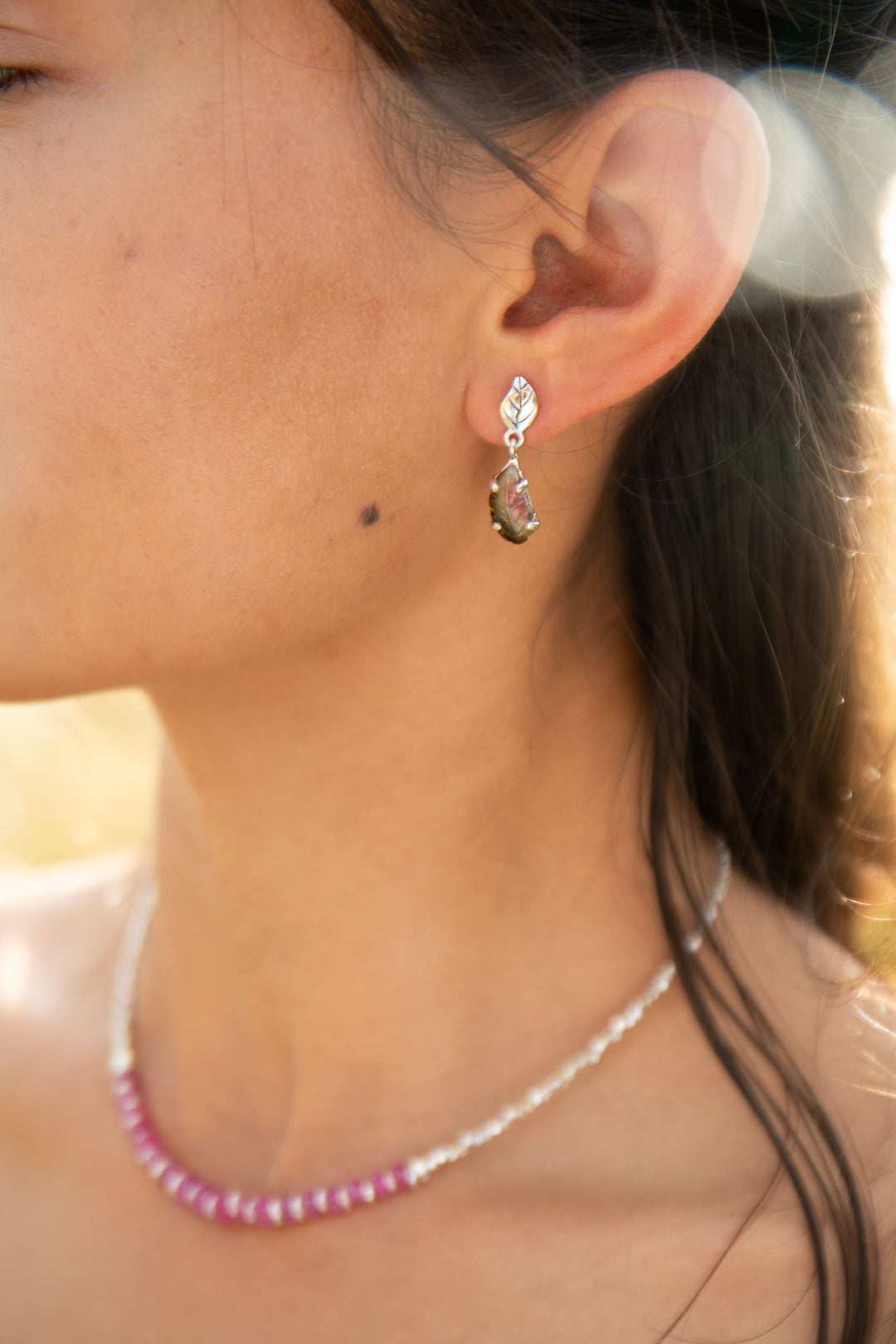One of a Kind Leaf Carved Watermelon Tourmaline Stud Drop Earrings in Sterling Silver