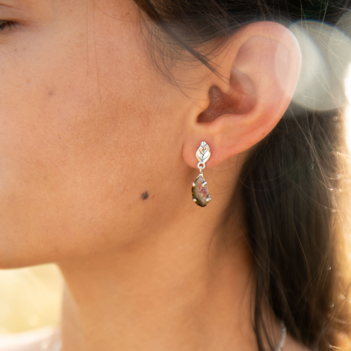 One of a Kind Leaf Carved Watermelon Tourmaline Stud Drop Earrings in Sterling Silver