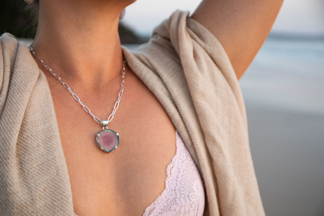 Reserved for Cassie **Stunning Raw Watermelon Tourmaline Pendant in Sterling Silver