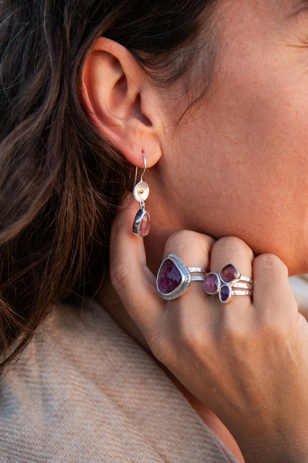 Rose Cut Pink Tourmaline Earrings in Sterling Silver with Gold Detail