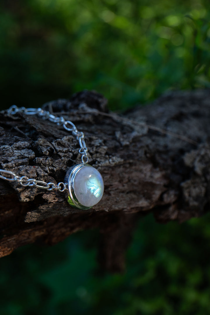 Rainbow Moonstone Pendant on Fixed Sterling Silver Chain