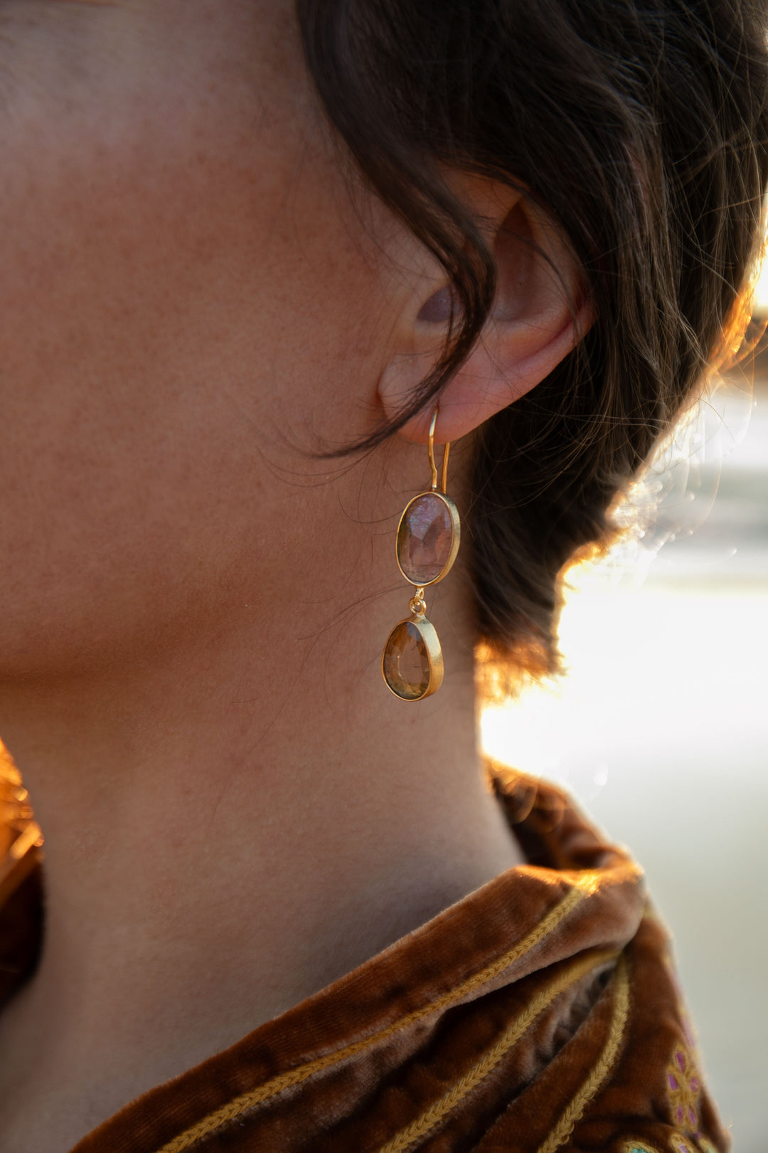 One of a Kind Tourmaline Earrings in Brushed 24k Gold Plated Silver