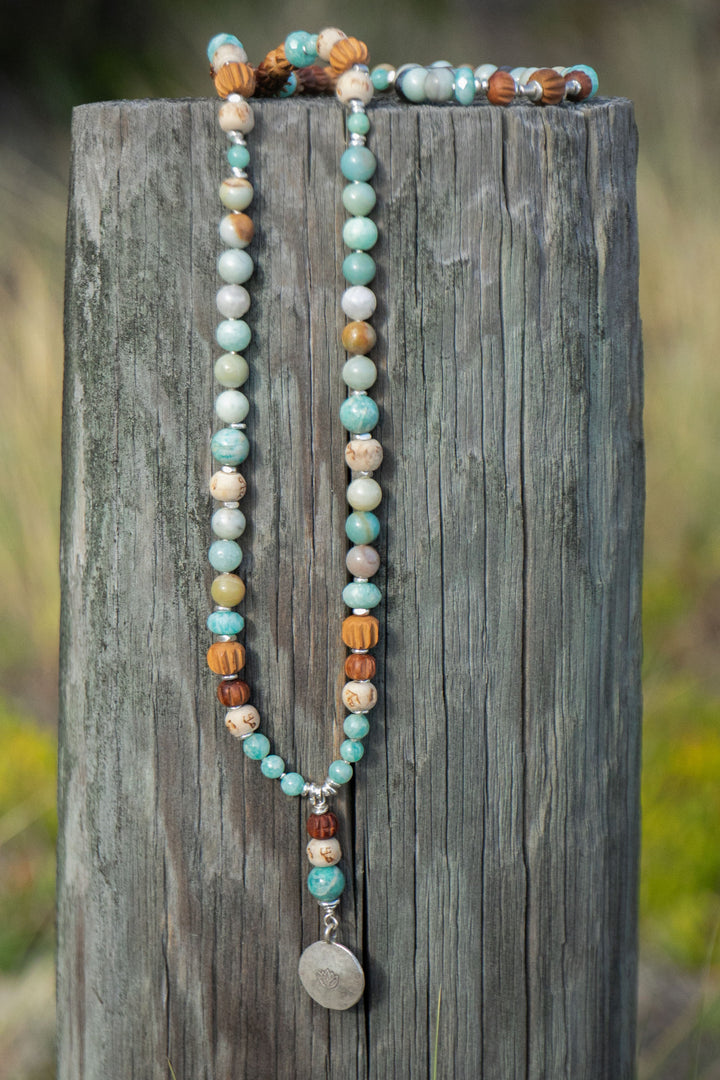 Amazonite + Carved Sandalwood Mala Necklace with Thai Hill Tribe Silver + Lotus Pendant