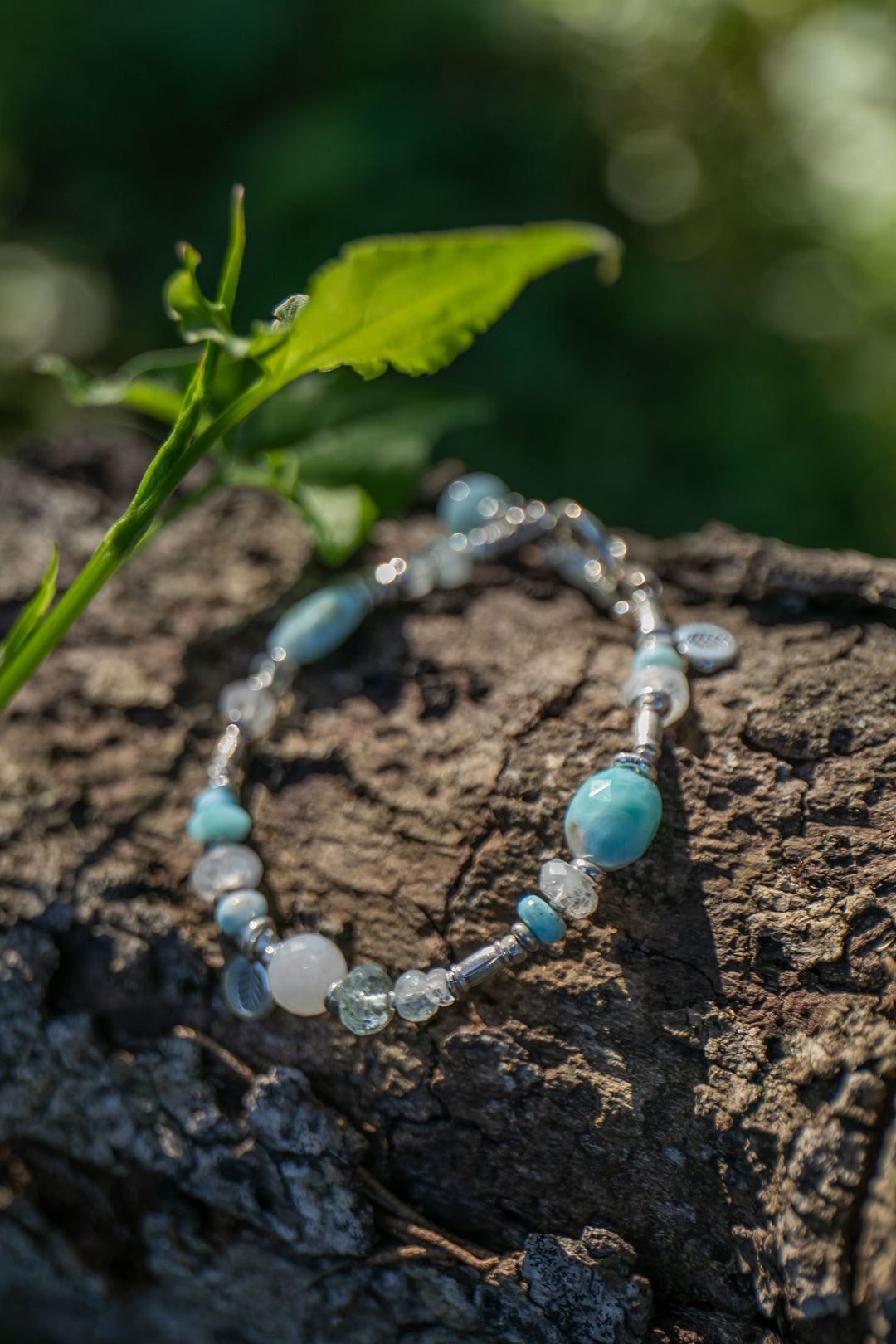 Beaded Larimar, Rainbow Moonstone and Aquamarine Bracelet with Thai Hill Tribe Silver Beads and Leaf Charms