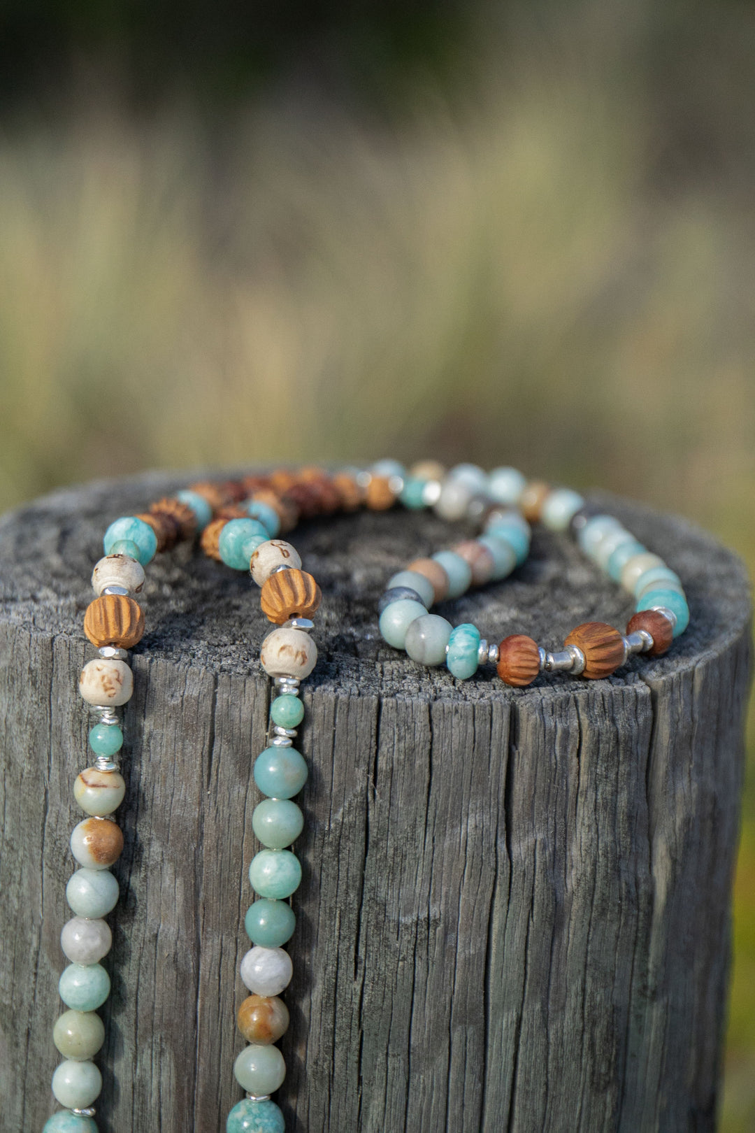 Amazonite + Carved Sandalwood Mala Necklace with Thai Hill Tribe Silver + Lotus Pendant