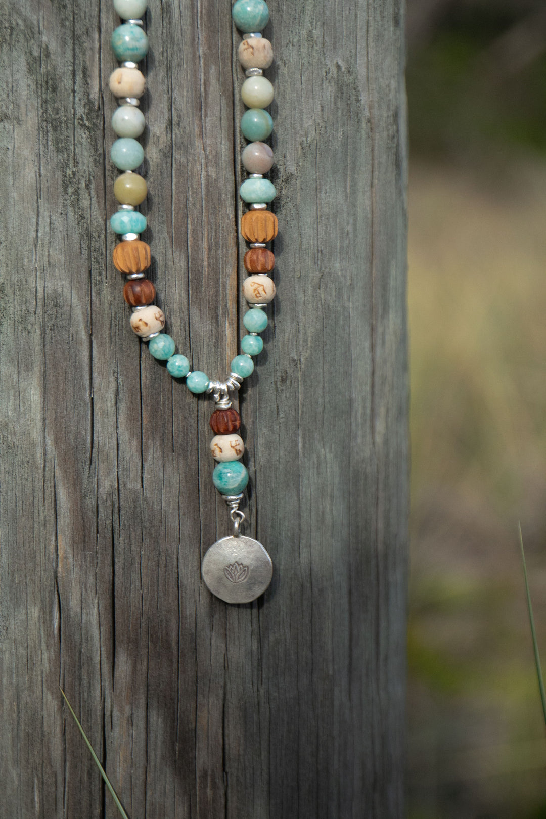 Amazonite + Carved Sandalwood Mala Necklace with Thai Hill Tribe Silver + Lotus Pendant