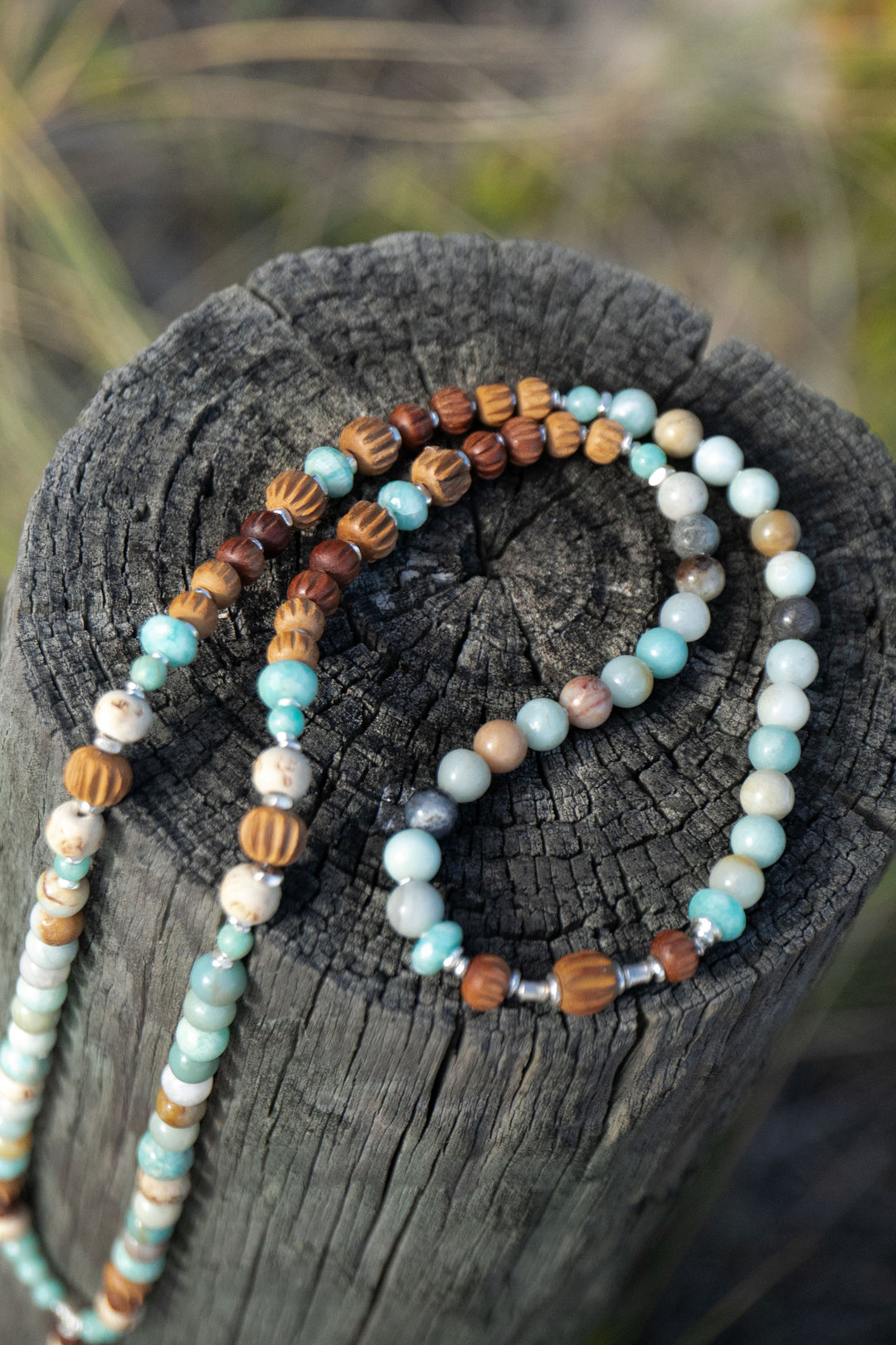 Amazonite + Carved Sandalwood Mala Necklace with Thai Hill Tribe Silver + Lotus Pendant
