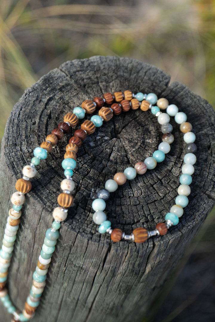 Amazonite + Carved Sandalwood Mala Necklace with Thai Hill Tribe Silver + Lotus Pendant