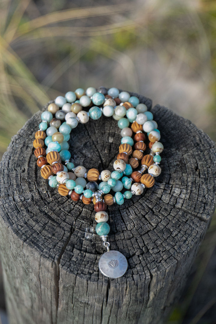 Amazonite + Carved Sandalwood Mala Necklace with Thai Hill Tribe Silver + Lotus Pendant
