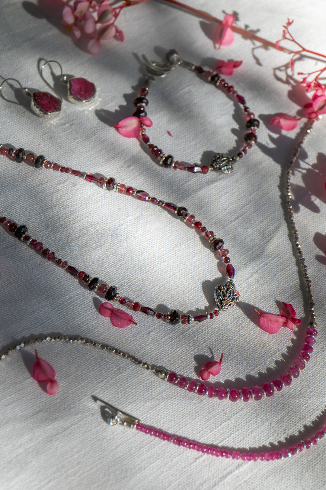 Garnet, Ruby and Pink Tourmaline Necklace with Hill Tribe Silver