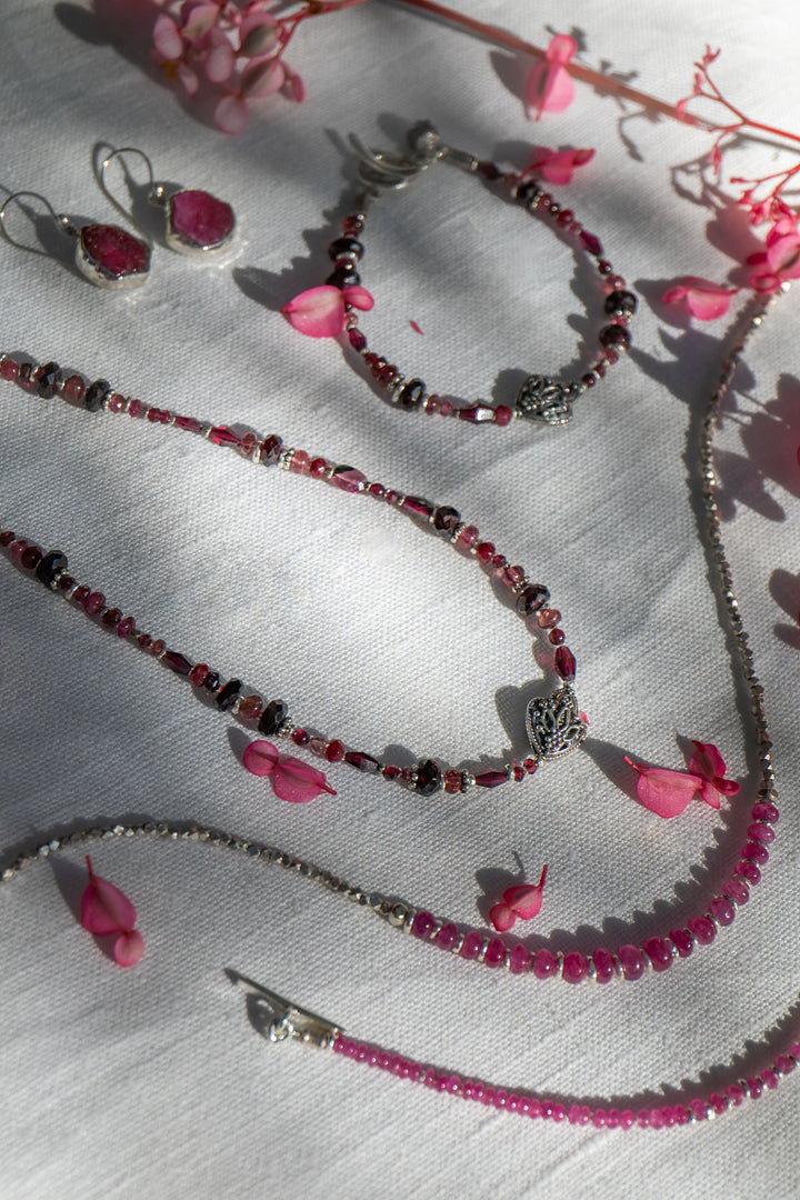 Garnet, Ruby and Pink Tourmaline Necklace with Hill Tribe Silver