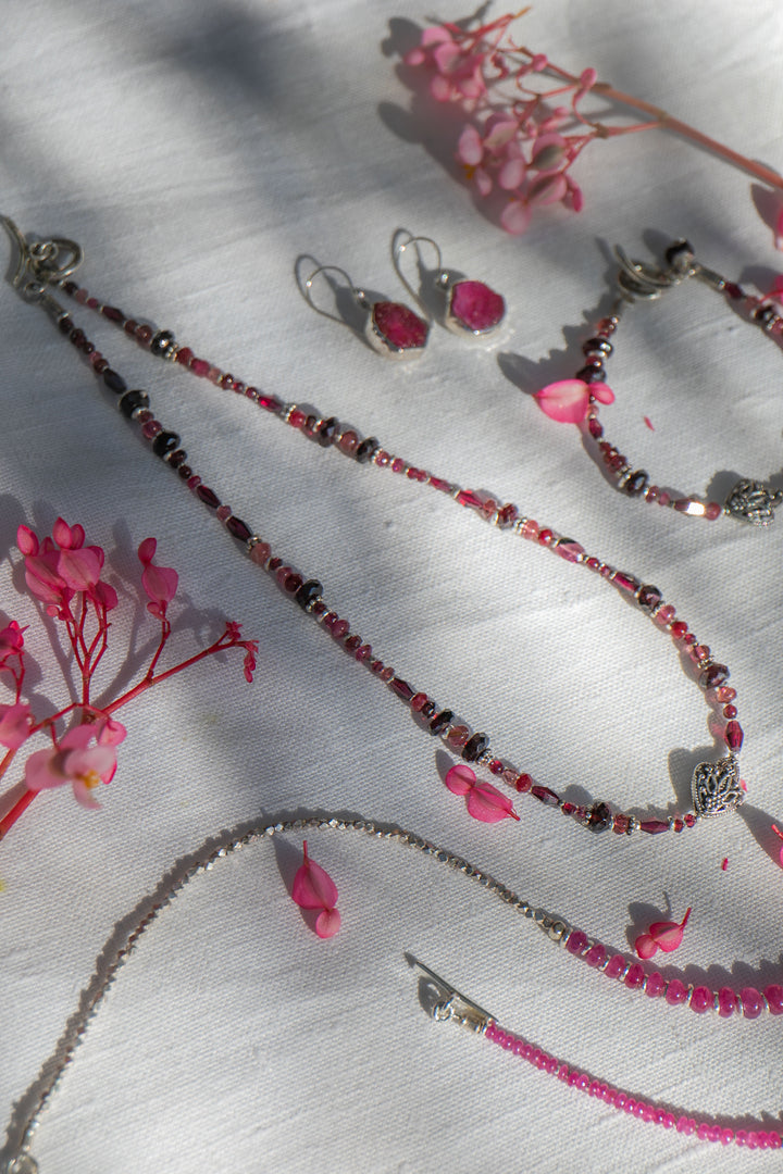 Garnet, Ruby and Pink Tourmaline Necklace with Hill Tribe Silver