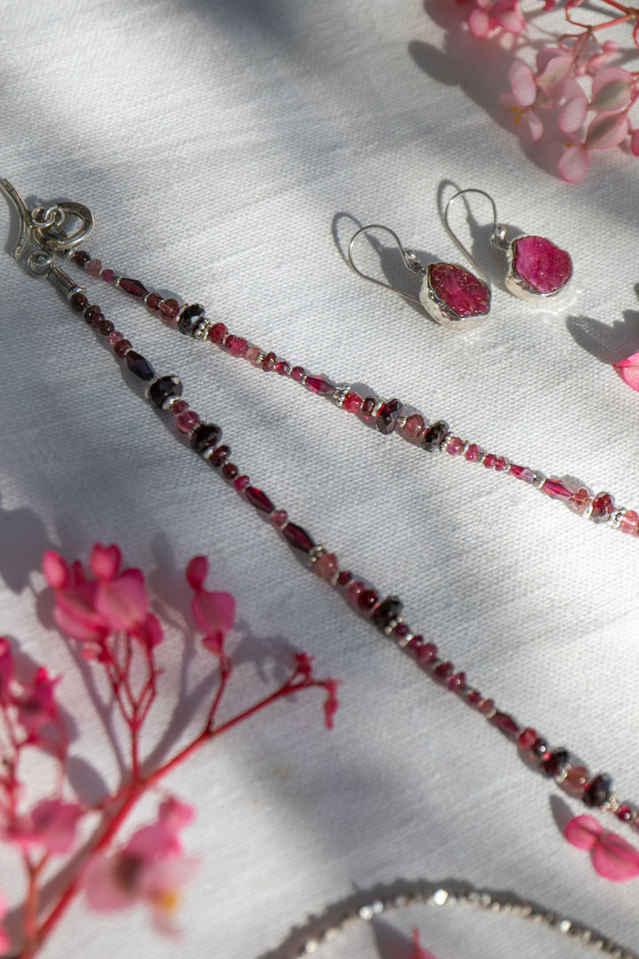 Garnet, Ruby and Pink Tourmaline Necklace with Hill Tribe Silver