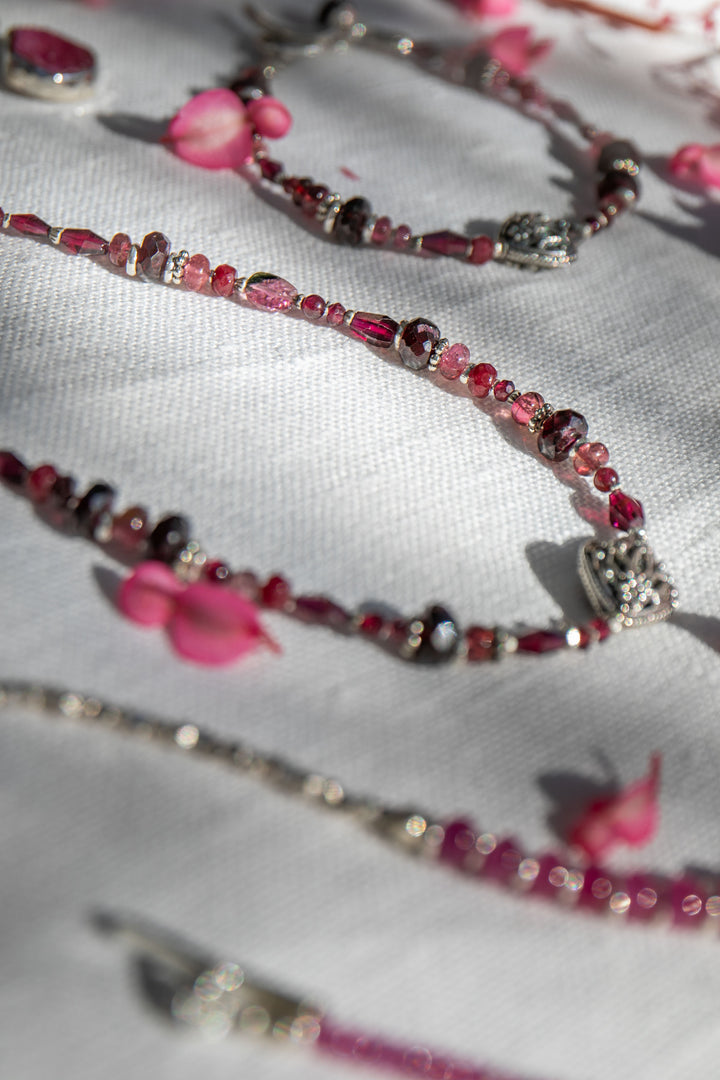 Garnet, Ruby and Pink Tourmaline Necklace with Hill Tribe Silver
