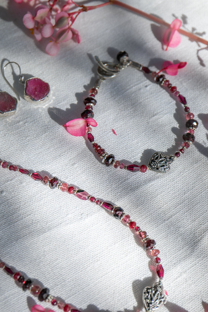 Ruby, Garnet and Pink Tourmaline Bracelet with Hill Tribe Silver