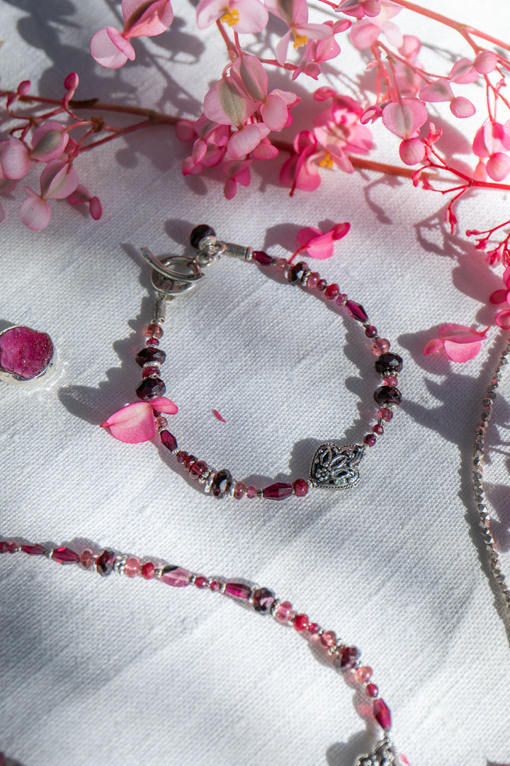 Ruby, Garnet and Pink Tourmaline Bracelet with Hill Tribe Silver
