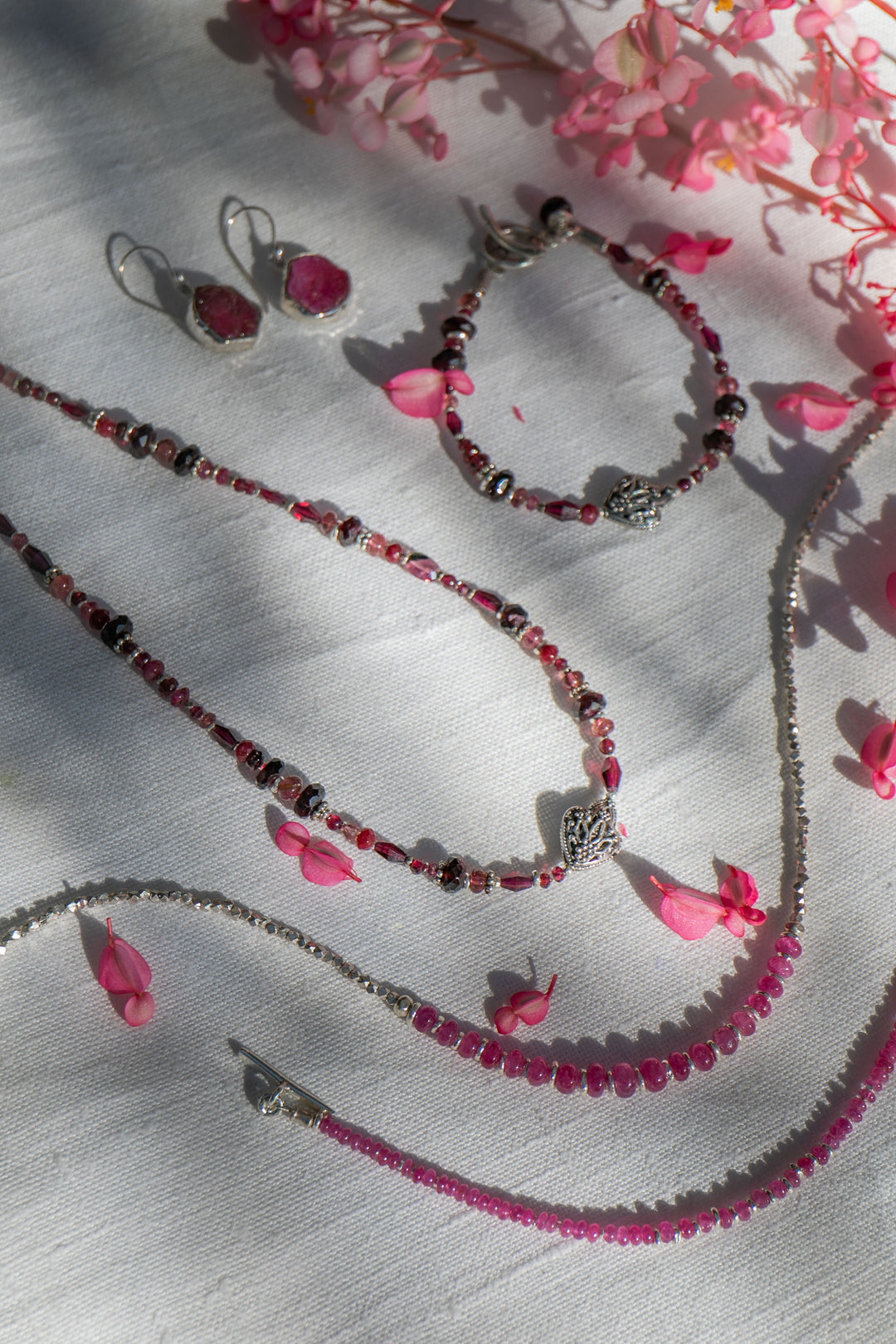 Ruby, Garnet and Pink Tourmaline Bracelet with Hill Tribe Silver